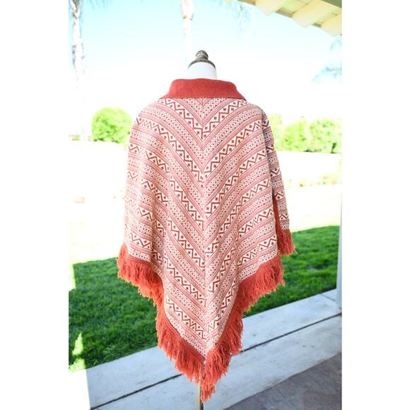 1970's Wool Burnt Orange and Cream Knit Poncho - Picture 4 of 7